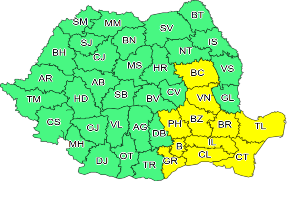 Cod galben de vânt puternic, marţi, în mai multe judeţe