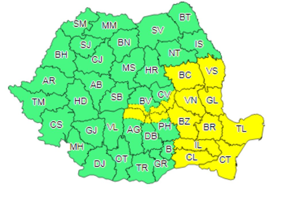 Cod Galben de intensificări ale vântului și ploi