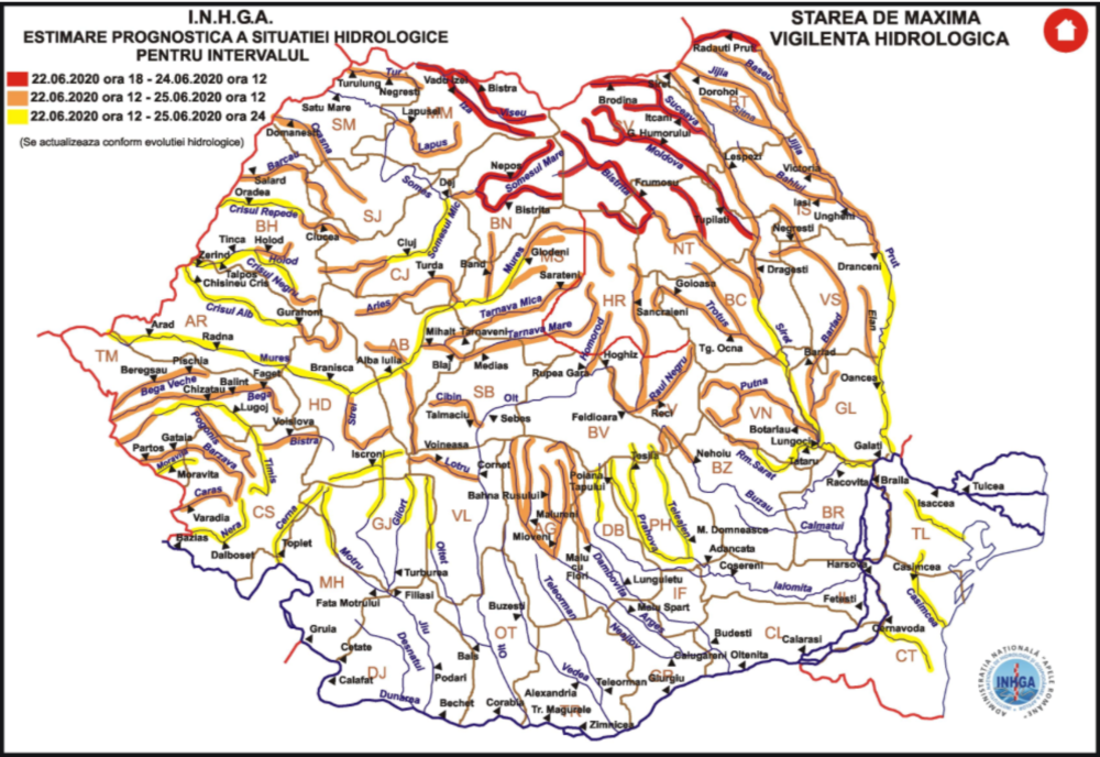 COD ROȘU de inundații până miercuri, în șapte județe. Alte două coduri, GALBEN și PORTOCALIU, sunt în vigoare până joi
