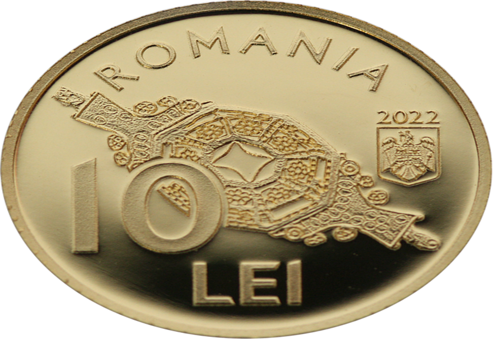 Monedă din aur cu tema Tezaurul de la Pietroasa – Vasele Poligonale